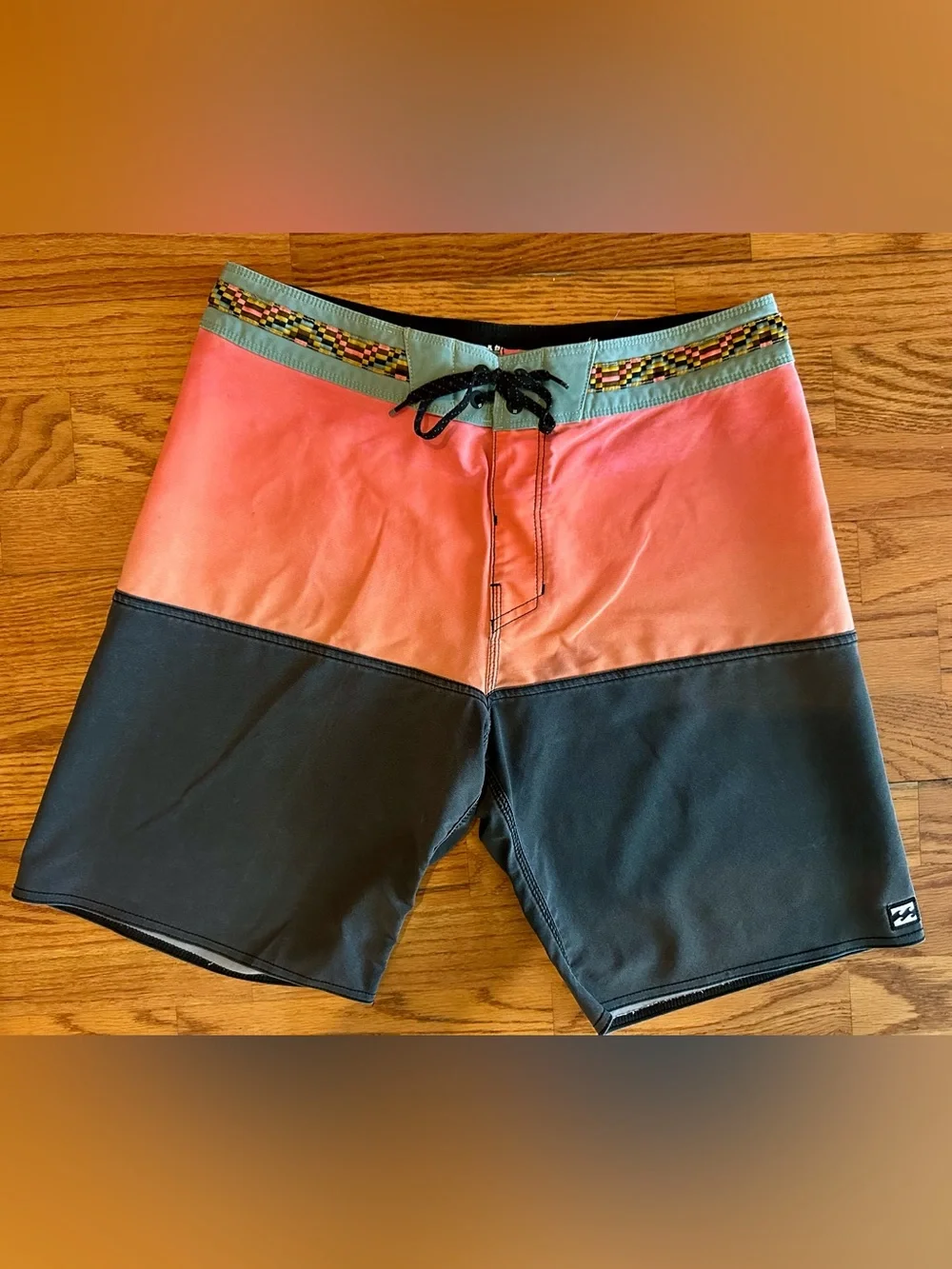 Billabong Coral and Black Colorblock Swim Board Shorts with Mint Waistband